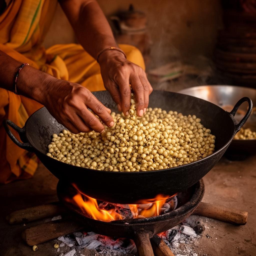 Artisan roasting lotus seeds the traditional way